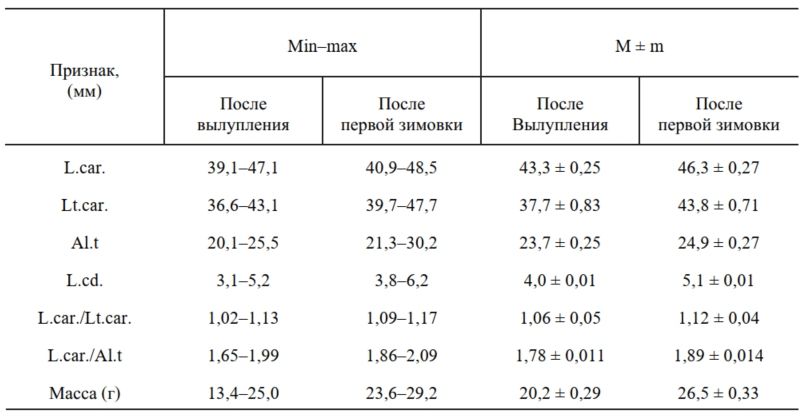 Таблица 2. Основные морфометрические параметры ювенильных черепах после рождения и после первой зимовки (n = 248).