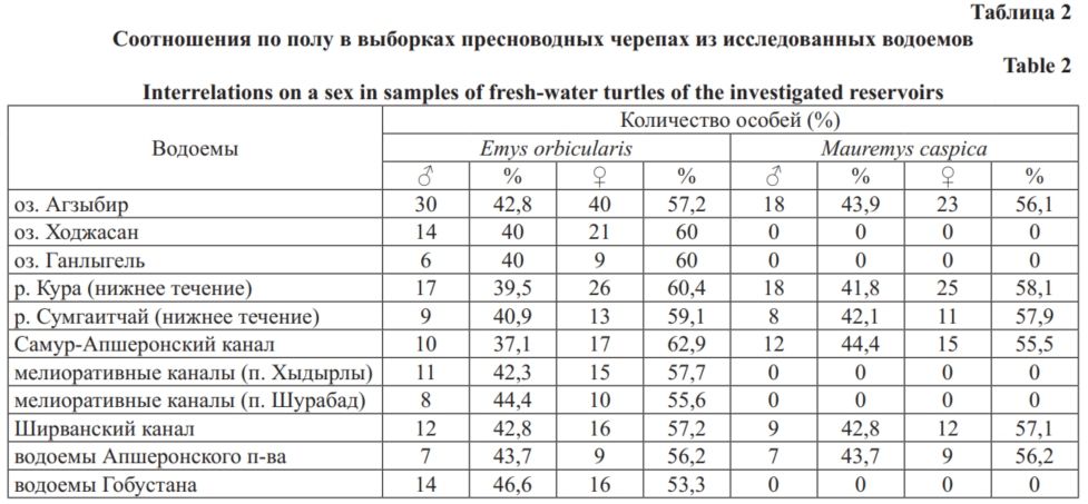 Соотношения по полу в выборках пресноводных черепах из исследованных водоемов