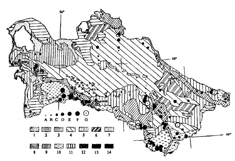 Рис. 1. Распределение плотности (в ос./га) среднеазиатской черепахи (А — О, В — до 0.5, С — 0.5 - 1.0, D — 1.1 - 2.0, Е — 2.1 - 3.0, F — 3.1 - 4.0, G — более 4.0) по различным типам равнинной и горной растительности в Туркмении: 1 — эфемерово-полынные пустыни, 2 — полукустарничковые солянковые и полынные пустыни, 3 — полукустарничковые солянковые и однолетне-солянковые пустыни, 4 — эфемеровокустарниковые пустыни, 5 — сочетание эфемерово-кустарниковых и эфемерово-солянковых пустынь, 6 — черносаксауловые и полукустарничковые солянковые пустыни, 7 — солончаки с разреженной галофильной растительностью, 8 — лишайниково-водорослевая растительность такыров, 9 — оазисы, луговая, тугайная и болотная растительность, 10 — эфе-мерово-эфемероидная осочково-мятликовая растительность, 11 — эфемерово-эфемероидная нагорная ксерофитно-кустарниковая растительность, 12 — пырейные и типчаковые горные степи, 13 — фисташковые редколесья, 14 — арчевые редколесья.