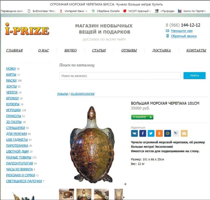 Рис. 2. Скриншот страницы сайта компании I-PRIZE (Магазин необычных вещей и подарков) с предложением о продаже: «Огромная морская черепаха бисса. Чучело больше метра! Цена 35000 руб.»