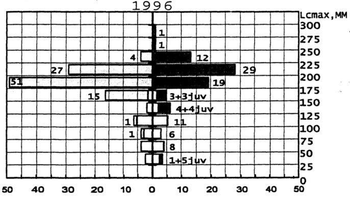 Рисунок 2. Изменения поло-возрастной структуры популяции (в 1991, 1996 и 1999 гг.).